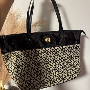 TOMMY Black and Tan Patterned Tote Bag